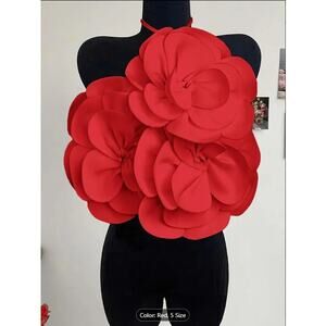 Red Oversized 3D Flower Halter Crop Top –  Backless Party & Festival Blouse